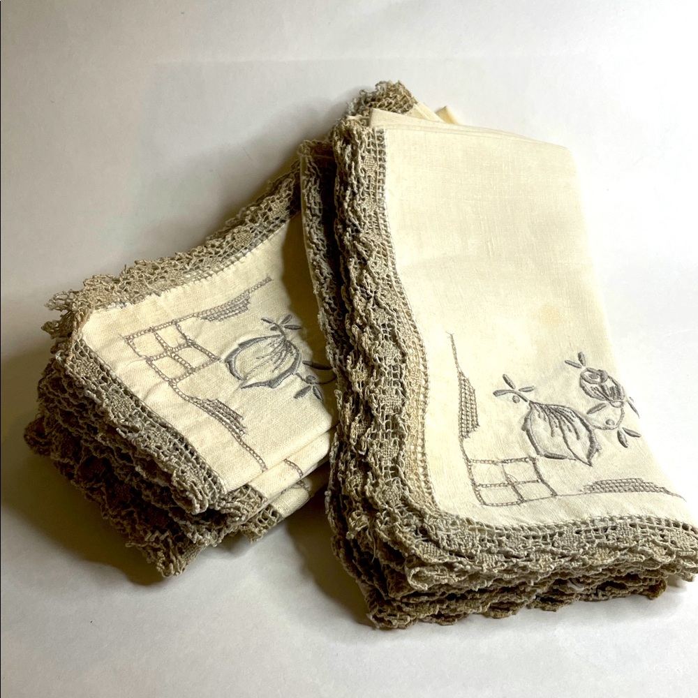Vintage 12 Cream Handmade Gray Tone Lace and Embroidery 14" x 14" Napkins